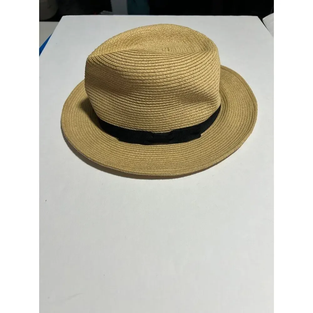 Milsa Straw Fedora Hat Tan Black Ribbon Bow 57.5cm Wide Brim Summer Sun Hat